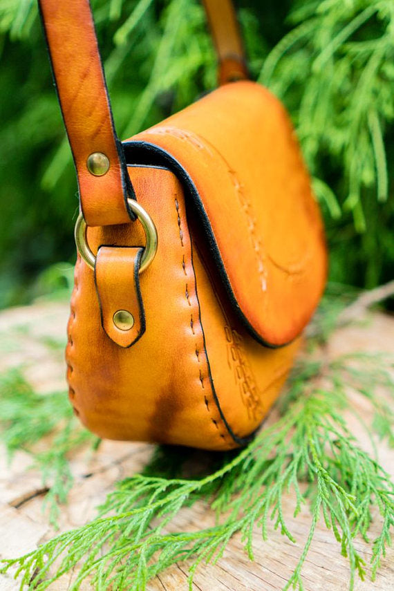 Wheat Tooled Latigo Leather Cross Body Purse / Small Shoulder Bag