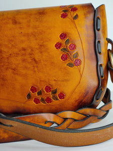 Handmade Latigo Leather Shoulder \ Crossbody Bag with Tooled flower design and Braided straps - Hand-dyed, hand laced - Solid Brass hardware