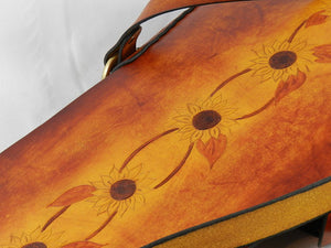 Handmade Latigo Leather Shoulder \ Crossbody Bag with Tooled Sunflower design - Hand-dyed, hand-stitched - Solid Brass hardware