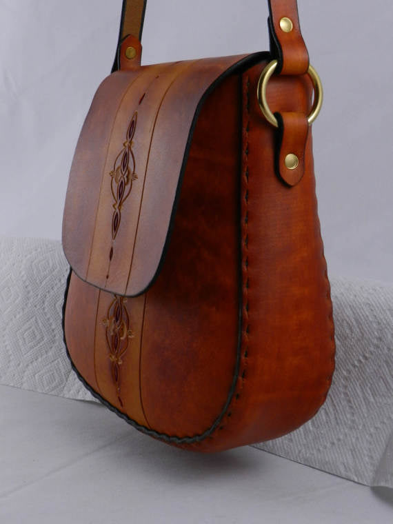 Handmade Tooled Latigo Leather Shoulder Bag \ Crossbody Bag - Hand 