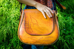 Large Handmade Latigo Leather Shoulder Bag - Hand Tooled Purse with Wheat Design, hand-dyed and hand-stitched
