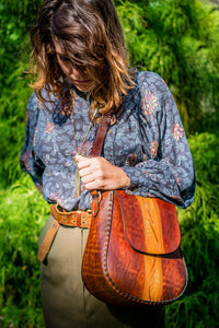 Handmade Latigo Leather Shoulder Bag - Tooled Leather Purse - Hand-dyed and Hand-stitched - Solid Brass hardware with magnetic clasp
