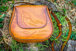 Large Handmade Latigo Leather Shoulder Bag - Hand Tooled Purse with Wheat Design, hand-dyed and hand-stitched