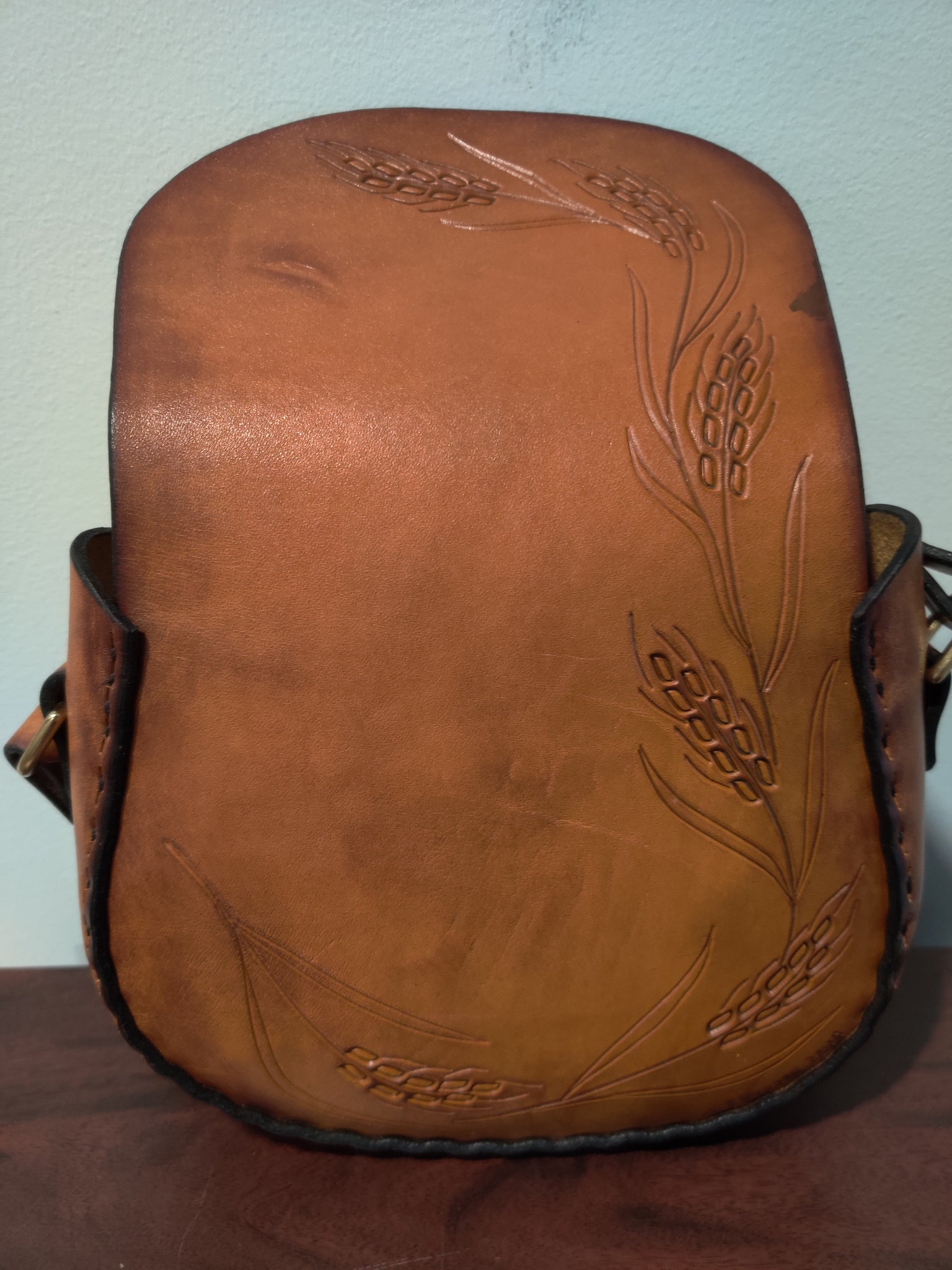 Wheat Tooled Latigo Leather Cross Body Purse / Small Shoulder Bag