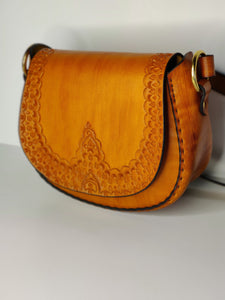 Retro Hand Tooled Latigo Leather Shoulder Bag - Hand-dyed and hand-stitched - Solid Brass hardware