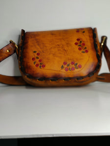 Handmade Latigo Leather Shoulder \ Crossbody Bag with Tooled flower design and Braided straps - Hand-dyed, hand laced - Solid Brass hardware