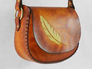 Handmade Carved Latigo Leather Shoulder Bag - Hand-carved, hand-dyed and hand-stitched - Brass hardware