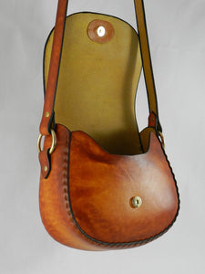 Handmade Carved Latigo Leather Shoulder Bag - Hand-carved, hand-dyed and hand-stitched - Brass hardware