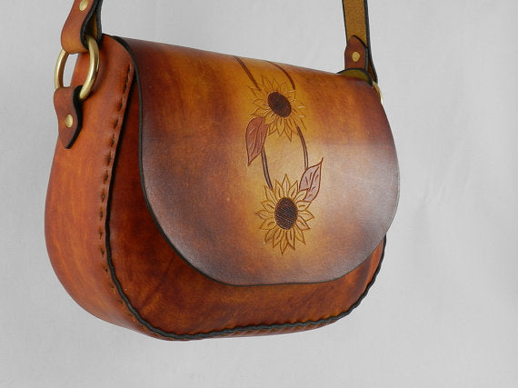 Handmade Latigo Leather Shoulder \ Crossbody Bag with Tooled Sunflower design - Hand-dyed, hand-stitched - Solid Brass hardware