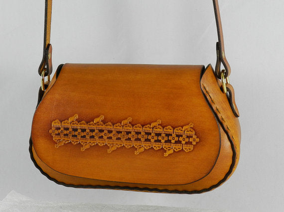 Tooled Latigo Leather Crossbody / Shoulder Bag - Hand-dyed, hand-stitched