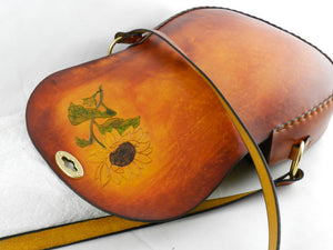 Handmade Latigo Leather Shoulder Bag - Hand-carved and tooled Sunflower, hand-dyed and hand-stitched