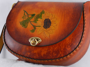 Handmade Latigo Leather Shoulder Bag - Hand-carved and tooled Sunflower, hand-dyed and hand-stitched