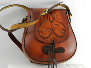 Handmade Carved Latigo Leather Shoulder Bag - Hand-dyed, hand tooled, hand-stitched - Solid Brass hardware