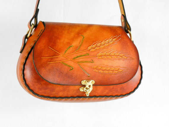 Hand Tooled Latigo Crossbody / Shoulder Bag - Hand-dyed, hand-stitched - Wheat Design